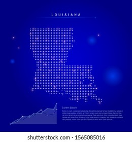Louisiana US state illuminated map with glowing dots. Infographics elements. Dark blue space background. Vector illustration. Growing chart, lorem ipsum text.