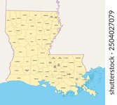 Louisiana, U.S. state, political map with borders and names of parishes. State in the Deep South and South Central regions of the United States, subdivided into 64 parishes. Nicknamed Pelican State.