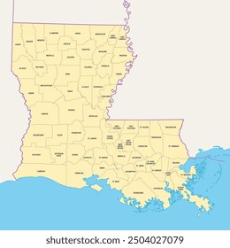 Louisiana, U.S. state, political map with borders and names of parishes. State in the Deep South and South Central regions of the United States, subdivided into 64 parishes. Nicknamed Pelican State.