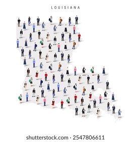 Louisiana US state population map. Large group of realistic a diverse crowd of people figures. Flat vector illustration isolated on white.