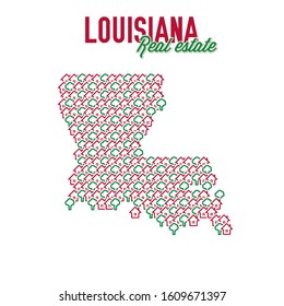Louisiana US state realty creative concept. Icons of houses with gardens in the shape of a map of Louisiana. Vector illustration.