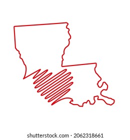 Louisiana US state red outline map with the handwritten heart shape. Continuous line drawing of patriotic home sign. A love for a small homeland. T-shirt print idea. Vector illustration.