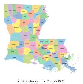 Louisiana, US-Bundesstaat, unterteilt in 64 Pfarreien, mehrfarbige politische Karte mit Hauptstadt Baton Rouge, Grenzen und Pfarrnamen. Staat in den Regionen Deep South und South Central der Vereinigten Staaten.