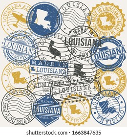 Louisiana, USA Set of Stamps. Travel Passport Stamps. Made In Product. Design Seals in Old Style Insignia. Icon Clip Art Vector Collection.