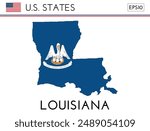 Louisiana USA state map shape with flag. Map of Louisiana in the Louisiana flag colors. Outline map filled with its flag colors. Vector illustration.