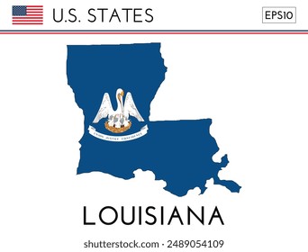 Louisiana USA state map shape with flag. Map of Louisiana in the Louisiana flag colors. Outline map filled with its flag colors. Vector illustration.