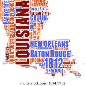 Louisiana USA state map tag cloud vector illustration