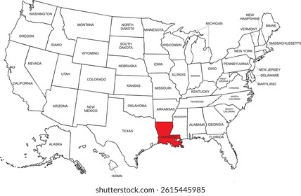 louisiana, USA, vector map isolated on United states map. Editable blank vector map of USA.
