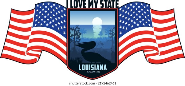 Louisiana vector label with brown pelican and swamp wetland sea coast and flag of the United States