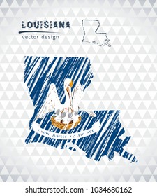 Louisiana vector map with flag inside isolated on a white background. Sketch chalk hand drawn illustration