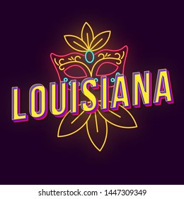 Louisiana Vintage 3d Vector Lettering. Retro Bold Font, Typeface. Pop Art Stylized Text. Old School Style Neon Light Letters. Mardi Gras Carnival. 90s, 80s Poster, Banner. Dark Violet Color Background