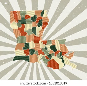 Louisiana vintage map. Grunge poster with a map of the US state in a retro color palette. Shape of Louisiana with a sunburst rays background. Vector illustration.