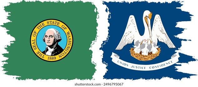 Louisiana and Washington states grunge brush flags connection, vector