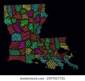Louisiana Word Cloud. Bright neon style design on dark background. Region names text cloud. Boundary shape with administrative division. Classy vector illustration.