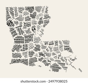 Louisiana Word Cloud. State with counties division. Louisiana typographic text clouds vector image design. Vintage gazette style state shape image. Amazing vector illustration.