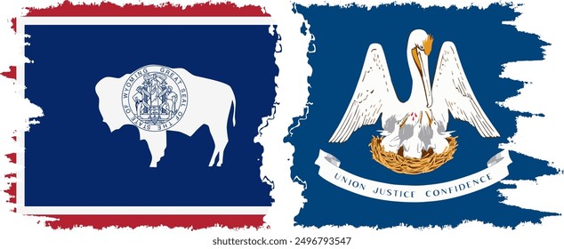 Louisiana and Wyoming states grunge brush flags connection, vector