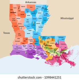 Louisiana's Congressional districts vector high detailed map with regions and major cities names