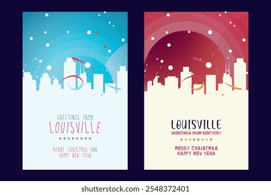 Louisville Christmas poster with skyline, cityscape. Winter USA Kentucky state holiday, New Year vector brochure, website, flyer, leaflet, card layout