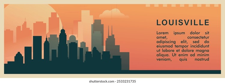 Anuncio de Vector de brutalismo de la ciudad de Louisville con horizonte, paisaje urbano. Ilustración Horizontal retro del estado de Kentucky. Estados Unidos de América diseño de viaje para presentación de Web, encabezado, pie de página