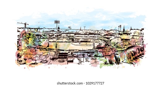 Louisville City in Kentucky, USA. Watercolor splash with hand drawn sketch illustration in vector.