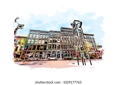 Louisville City in Kentucky, USA. Watercolor splash with hand drawn sketch illustration in vector.
