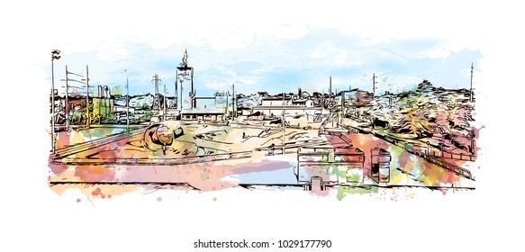 Louisville City in Kentucky, USA. Watercolor splash with hand drawn sketch illustration in vector.