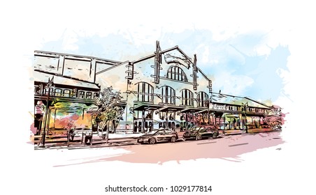 Louisville City in Kentucky, USA. Watercolor splash with hand drawn sketch illustration in vector.