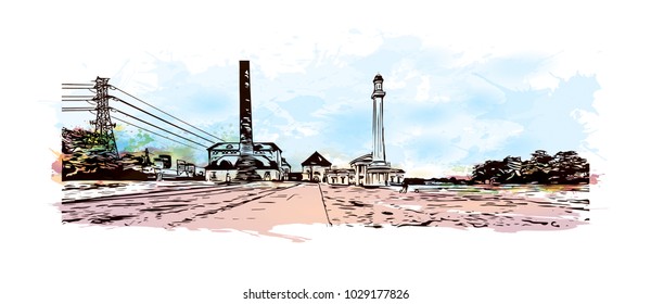Louisville City in Kentucky, USA. Watercolor splash with hand drawn sketch illustration in vector.