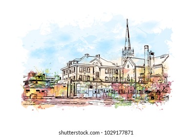 Louisville City in Kentucky, USA. Watercolor splash with hand drawn sketch illustration in vector.