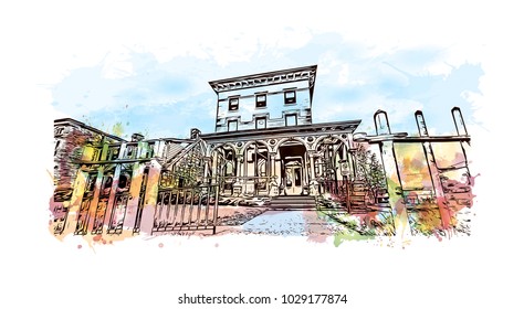 Louisville City in Kentucky, USA. Watercolor splash with hand drawn sketch illustration in vector.