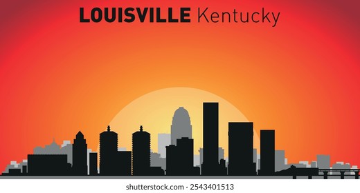 Louisville city skyline with silhouettes of buildings against the backdrop of a large yellow sun and orange sky. Vector on the background of sunset