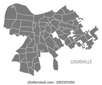 Louisville Kentucky city map with neighborhoods grey illustration silhouette shape