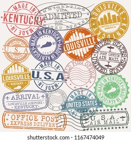 Louisville Kentucky Stamp Vector Art Postal Passport Travel Design Set Badge.