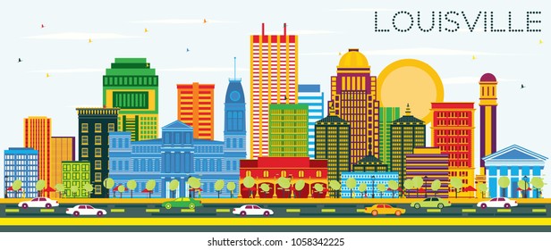 Louisville Kentucky USA City Skyline with Color Buildings and Blue Sky. Vector Illustration. Business Travel and Tourism Concept with Modern Architecture. Louisville Cityscape with Landmarks.