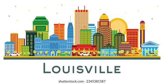 Louisville Kentucky USA City Skyline with Color Buildings isolated on white. Vector Illustration. Business Travel and Tourism Concept with Modern Architecture. Louisville Cityscape with Landmarks.