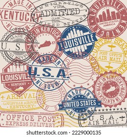 Louisville, KY, USA Set of Stamps. Travel Stamp. Made In Product. Design Seals Old Style Insignia.