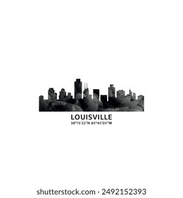 Louisville panorama, vector badge, skyline logo and icon. USA, Kentucky state city horizon logotype with landmarks and building silhouettes. Isolated foggy abstract gradient graphic