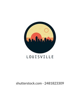 Louisville skyline, downtown panorama logo, logotype. USA, Kentucky state round badge contour, isolated vector vintage pictogram with monuments, landmarks