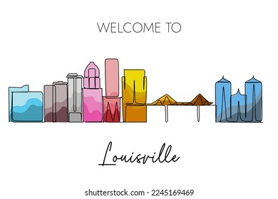 Louisville skyline drawing. Continuous single line art of famous city for travel and tourist destination  