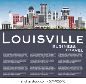 Louisville Skyline with Gray Buildings, Blue Sky and Copy Space. Vector Illustration. Business Travel and Tourism Concept with Modern Architecture. Image for Presentation Banner Placard and Web Site.