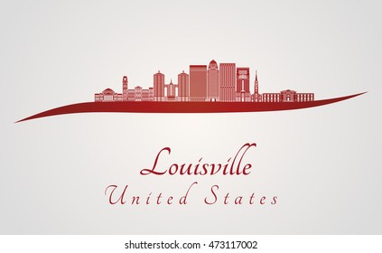 Louisville skyline in red and gray background in editable vector file