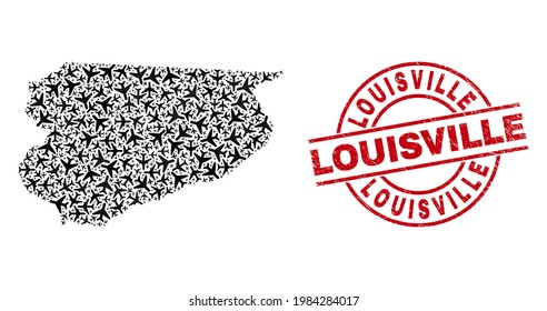 Louisville textured seal stamp, and Warmian-Masurian Voivodeship map mosaic of aeroplane items. Mosaic Warmian-Masurian Voivodeship map constructed of jet vehicles. Red stamp with Louisville caption,