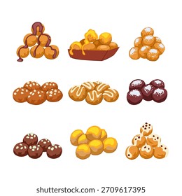 Loukoumades servidos en diferentes preparaciones, estas bolas de masa fritas griegas tradicionales se rocían con miel, chocolate o varios glaseados dulces y espolvoreados