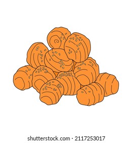 Loukoumades in syrup with sprinkled sesame. Greek dessert. Vector hand-drawn illustration. Design element for menu cafe, bistro, restaurant.