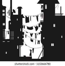 loundry day in the city, woman hungs the washing cloth, cloth hung between the houses, summer sity view with cloth wire silhouette, black and white, vector