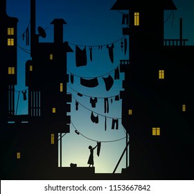 loundry morningin the city, woman hungs the washing cloth, cloth hung between the housesin the early morning,  vector
