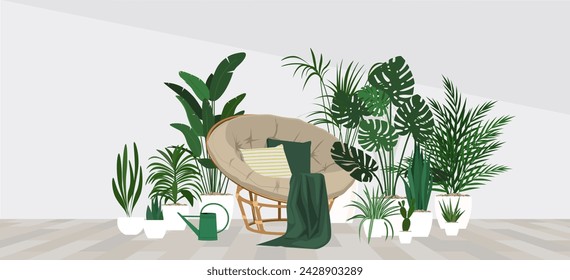 Lounge area interior with comfortable papasan chair and houseplants