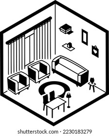 Wohnbereich Vektorfarben isometrische Icon-Design, kompaktes Wohnraumsymbol, Innendekorationszeichen, Low-Poly-Heimbüros Stock-Illustration, Gemeinschaftsraum mit Sofa-Set Konzept