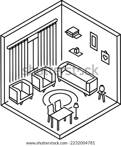 Lounge area vector outline icon design, space saving sketch, Interior Decoration Sign, portable home office rooms stock illustration, common sitting room equipped with sofa set Concept