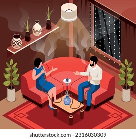 Lounge bar isometric background with couple sitting on sofa near table with hookah vector illustration